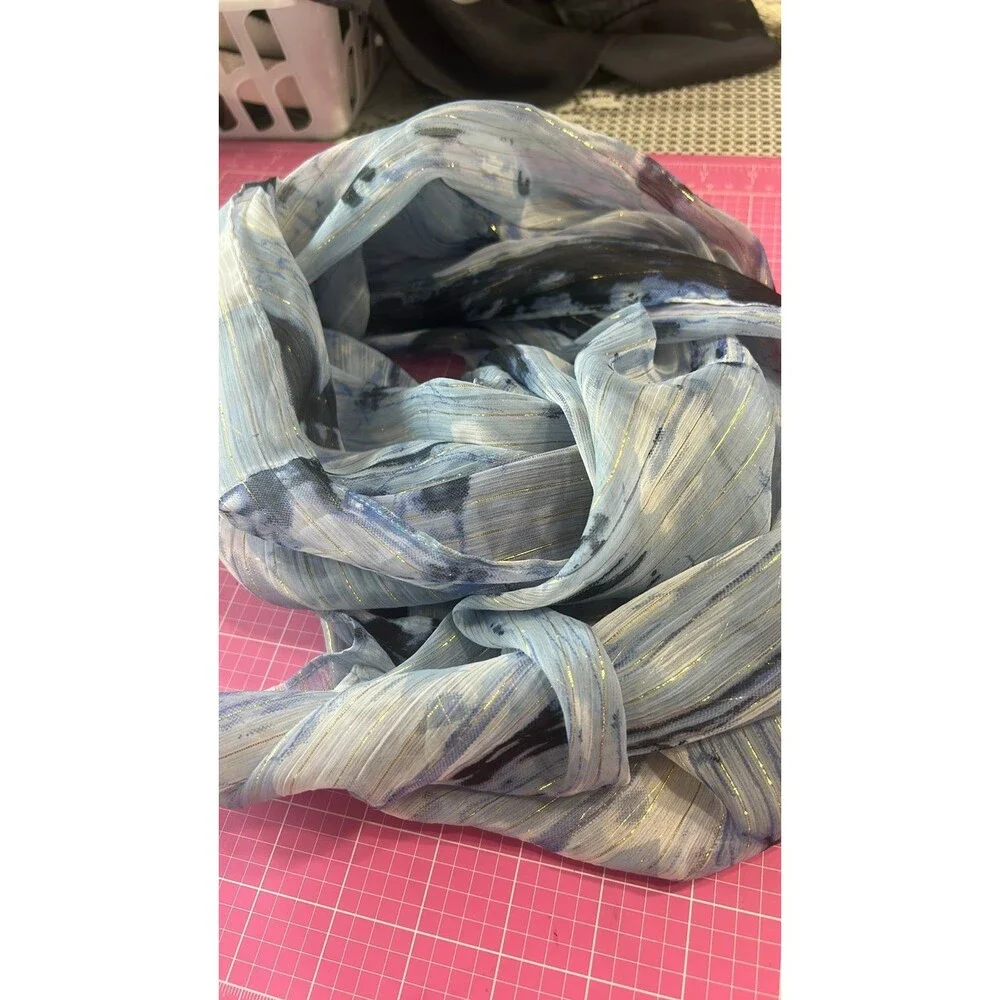 Elegant Blue and Navy Blue with thin Gold Shimmery Stripes Sheer Scarf